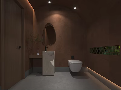 Modern Public Restroom Design With Brown Walls Oval Mirror White Sink And Toilet 3d model