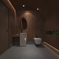 Modern Public Restroom Design With Brown Walls Oval Mirror White Sink And Toilet