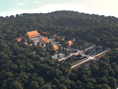 Aerial Planning of Traditional Chinese Architecture With Golden Roofs Surrounded by Forest and Garden Landscape 3d model