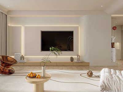 Modern TV Background Wall With LED Strip Lighting And Wooden TV Stand 3d model