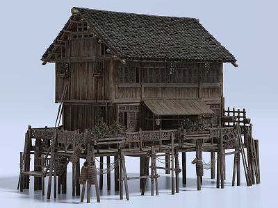 Traditional Detached Villa With Stilted Wooden Structure Dark Tile Roof Carvings Platform Railings And Plants 3d model