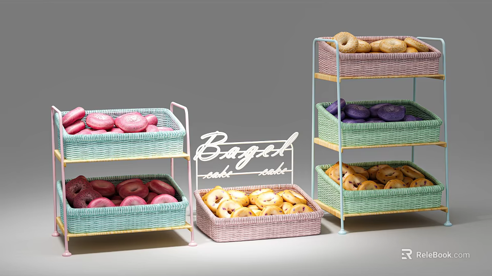 Fresh Bagels And Colorful Pastries Display On Multi Tiered Bakery Shelves 3d model 