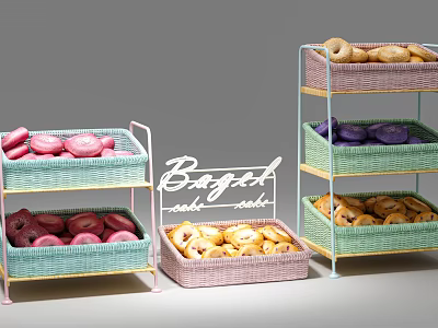 Fresh Bagels And Colorful Pastries Display On Multi Tiered Bakery Shelves 3d model