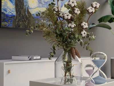 Transparent Glass Vase With Cotton Flowers Pine Branches And Eucalyptus Leaves 3d model
