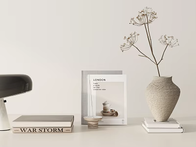 Minimalist Modern Decorative Ornament Combination With Ceramic Vase Dried Flowers And Stacked Books 3d model