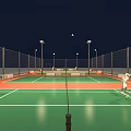 Outdoor Badminton Courts With Green Surface Red Borders Fencing And Lighting For Fitness