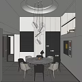 Modern Restaurant Interior Design With Round Marble Dining Table Pendant Lights And Illuminated Shelves