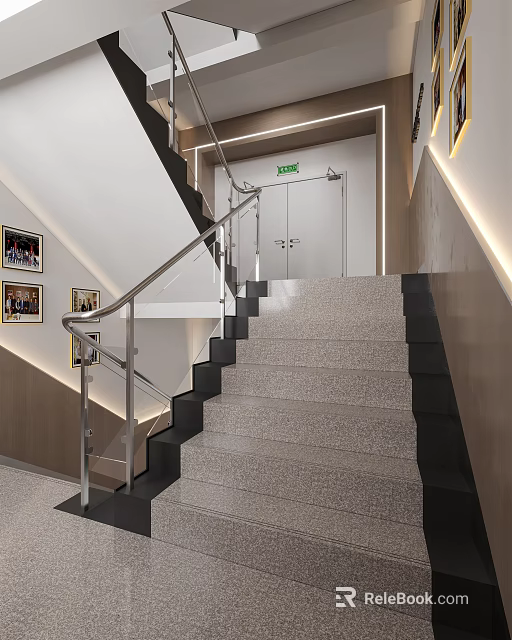 Modern Interior Staircase With Stainless Steel Handrail Gray Steps Black Edges And Wall Lighting 3d model 