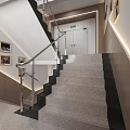 Modern Interior Staircase With Stainless Steel Handrail Gray Steps Black Edges And Wall Lighting