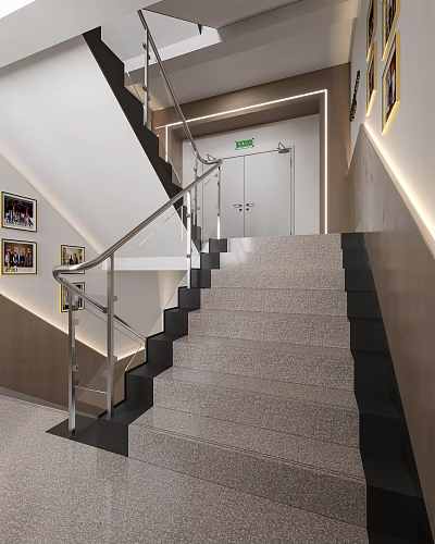 Modern Interior Staircase With Stainless Steel Handrail Gray Steps Black Edges And Wall Lighting 3d model