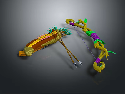 Handcrafted Bow And Arrow Weapon Set With Green Vine Decor Quiver And Feathered Arrows 3d model