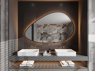 Modern Bathroom Vanity Design With Double Sinks Oval Mirror Marble Backsplash And Folded Towels 3d model