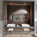 Modern Bathroom Vanity Design With Double Sinks Oval Mirror Marble Backsplash And Folded Towels