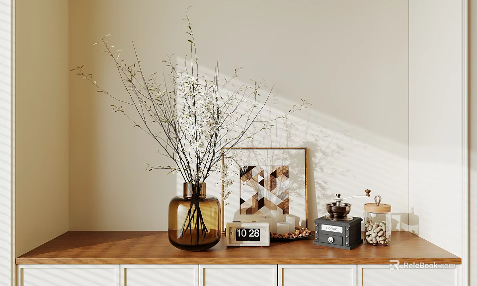 Stylish Decorative Ornament Set With Brown Vase Twig Branches Picture Frame Coffee Grinder On Wooden Shelf In Soft Natural Light 3d model 