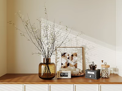 Stylish Decorative Ornament Set With Brown Vase Twig Branches Picture Frame Coffee Grinder On Wooden Shelf In Soft Natural Light 3d model