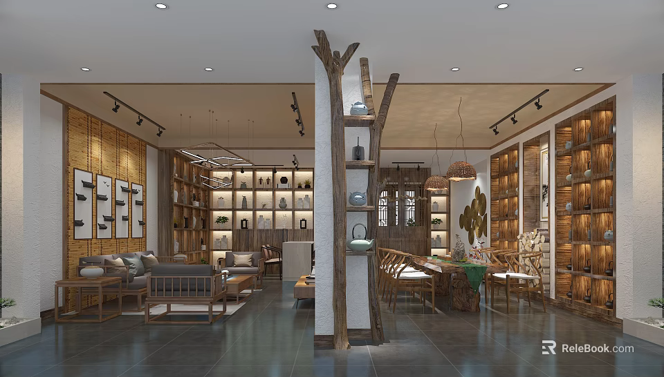 Elegant Traditional Teahouse Interior With Wooden Shelves Tea Sets And Seating Area 3d model 