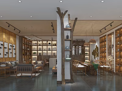 Elegant Traditional Teahouse Interior With Wooden Shelves Tea Sets And Seating Area 3d model