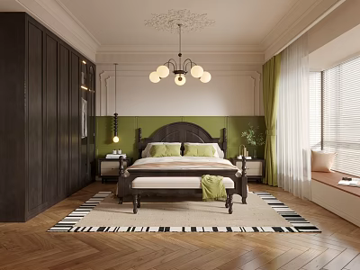 Modern Bedroom Interior Design With Green Walls Dark Wooden Wardrobe Chandelier And Herringbone Flooring 3d model