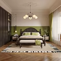 Modern Bedroom Interior Design With Green Walls Dark Wooden Wardrobe Chandelier And Herringbone Flooring