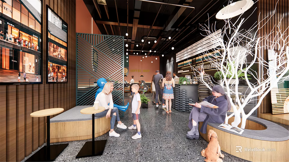 Modern Cafe Interior With People Relaxing In Seating Area Decorative Tree And Warm Lighting 3d model 