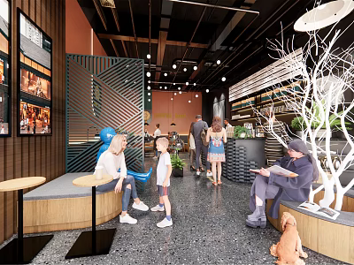 Modern Cafe Interior With People Relaxing In Seating Area Decorative Tree And Warm Lighting 3d model