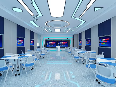 School Modern Tech Classroom With Blue Desks Chairs Multiple Screens And Bright Ceiling 3d model