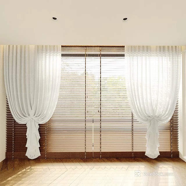 Elegant White Curtains Tied Design With Wooden Blinds For Sliding Doors And Natural Light 3d model 