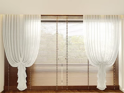 Elegant White Curtains Tied Design With Wooden Blinds For Sliding Doors And Natural Light 3d model