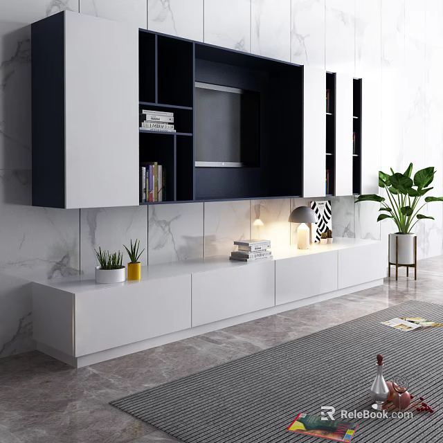 Modern TV Entertainment Center With White Cabinet Dark Shelves Marble Wall And Green Plants 3d model 