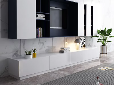 Modern TV Entertainment Center With White Cabinet Dark Shelves Marble Wall And Green Plants 3d model