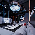 Futuristic KTV Space With Luxury Sofas Large TV And Neon Lighting