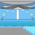 Indoor Swimming Pool With Blue Walls Ceiling White Lines Hanging Lights And Circular Windows