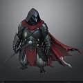Hooded Man in Armored Attire with Flowing Red Cape Holding Sword