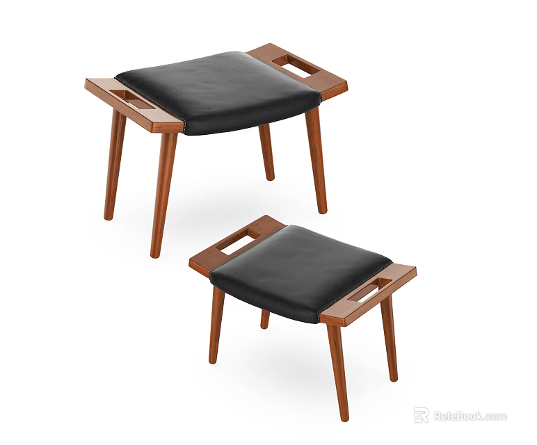 Two Modern Wooden Stools With Black Cushion Seats And Sturdy Legs 3d model 