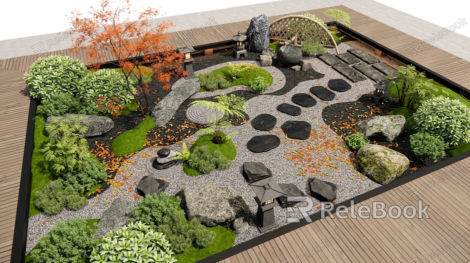 Japanese-style Courtyard Micro-terrain Courtyard Landscape Ting Step Plant Landscape Stone Garden Light Shrub Landscape Tree Green Plant model