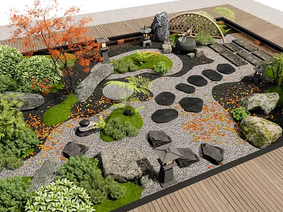 Lush Courtyard Garden Design With Natural Stone Pathway Green Plants Decorative Rocks And Wooden Deck 3d model