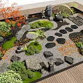 Lush Courtyard Garden Design With Natural Stone Pathway Green Plants Decorative Rocks And Wooden Deck