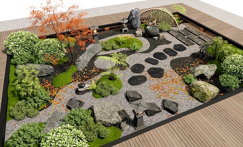 Japanese-style Courtyard Micro-terrain Courtyard Landscape Ting Step Plant Landscape Stone Garden Light Shrub Landscape Tree Green Plant 3d model