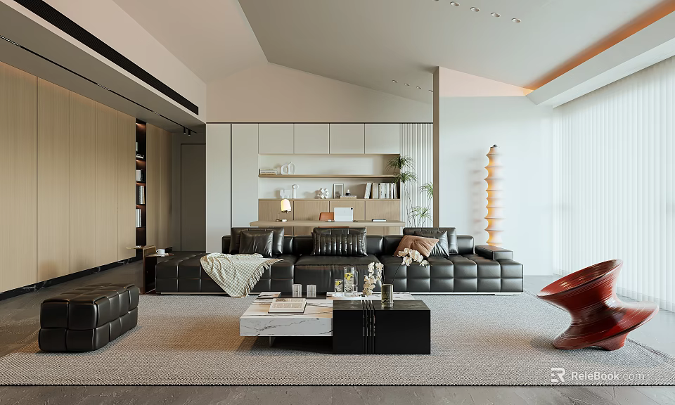 Modern Living Room Interior Design With Black Leather Sofa And White Marble Coffee Table 3d model 