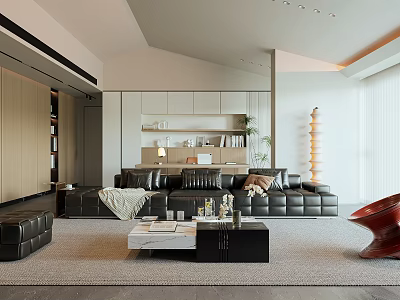 Modern Living Room Interior Design With Black Leather Sofa And White Marble Coffee Table 3d model