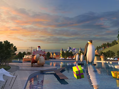 Magical Sunset Playground With Santa Penguin Decorations Pool Castle And Trees 3d model