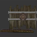 Rustic Wooden Architectural Fence Gate With Circular Design And Extended Wooden Track