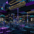 Modern Banquet Hall Interior With Elegant Chandeliers Greenery Stage And Mirrored Floor