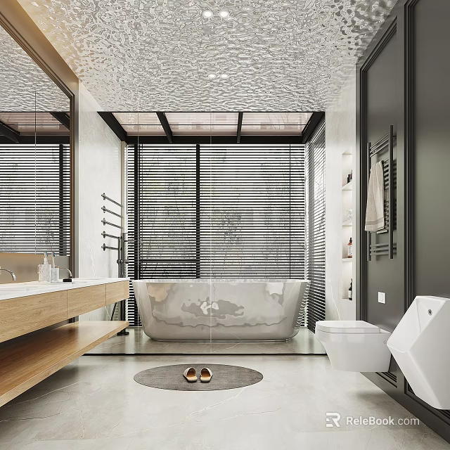 Modern Bathroom Interior With Wooden Vanity Bathtub Blinds Mirror White Toilet And Gray Floor Tiles 3d model 