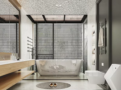 Modern Bathroom Interior With Wooden Vanity Bathtub Blinds Mirror White Toilet And Gray Floor Tiles 3d model