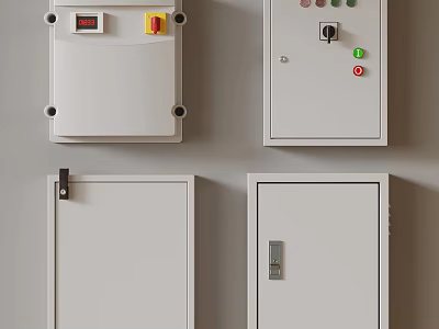 White Electrical Control Panels Mounted on Wall With Buttons And Displays 3d model