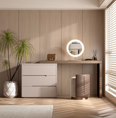 Modern Dressing Table Interior with Round Mirror Drawers Leather Stool Plant and Wooden Wall 3d model