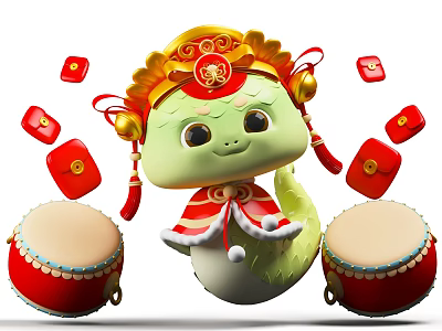 Traditional Chinese Festive Floral Display With Red Envelopes Decorative Drums And Mascot 3d model
