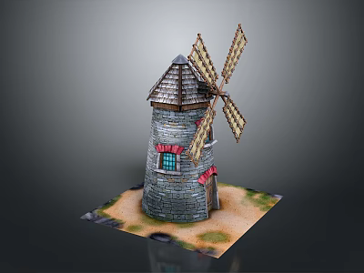 Handmade Windmill Model Craft Equipment With Stone Structure Wooden Blades And Decorative Base 3d model
