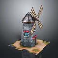 Handmade Windmill Model Craft Equipment With Stone Structure Wooden Blades And Decorative Base
